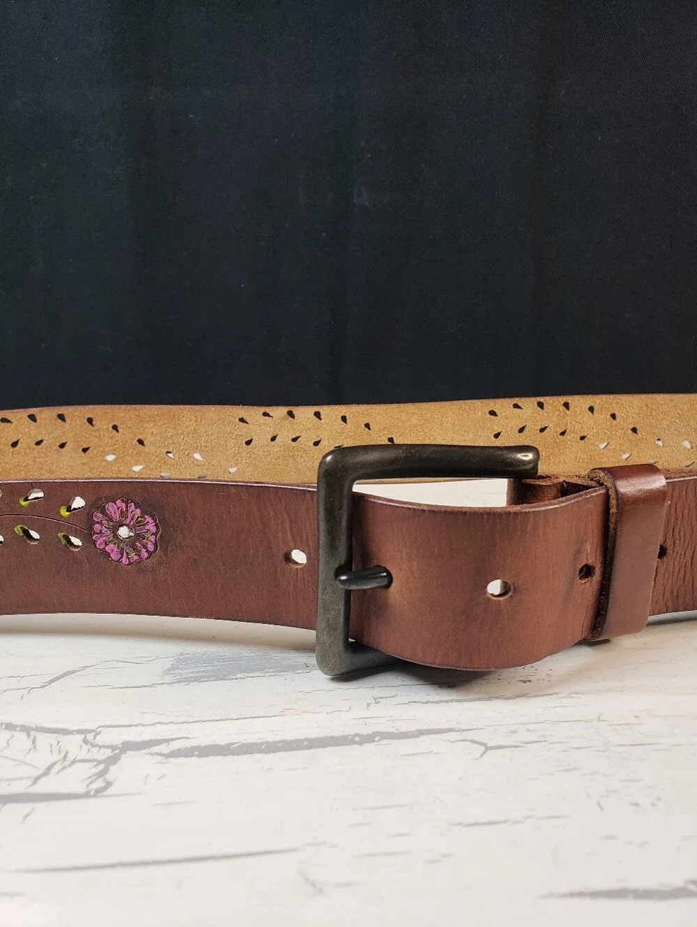 Handpainted Floral Vine Motif  Leather Belt in Brown in size XL